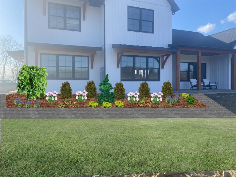 A customer's front yard with a 3D model of the planned landscaping installation.
