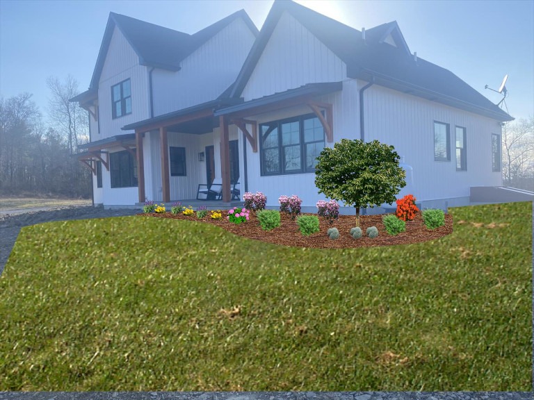 The yard with a 3D model of the planned landscaping installation