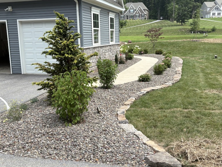 A sidewalk lined with shrubs and stones