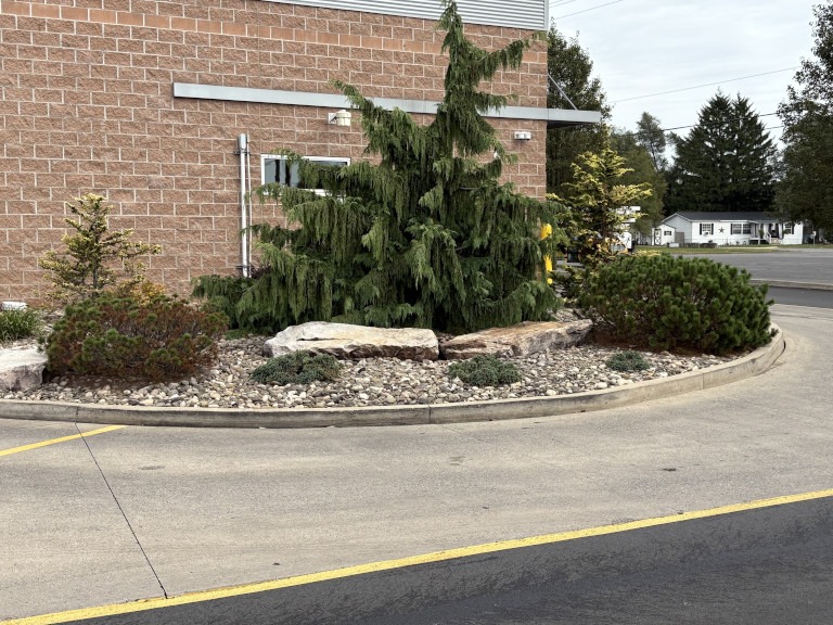 A landscaping installation next to a commercial building